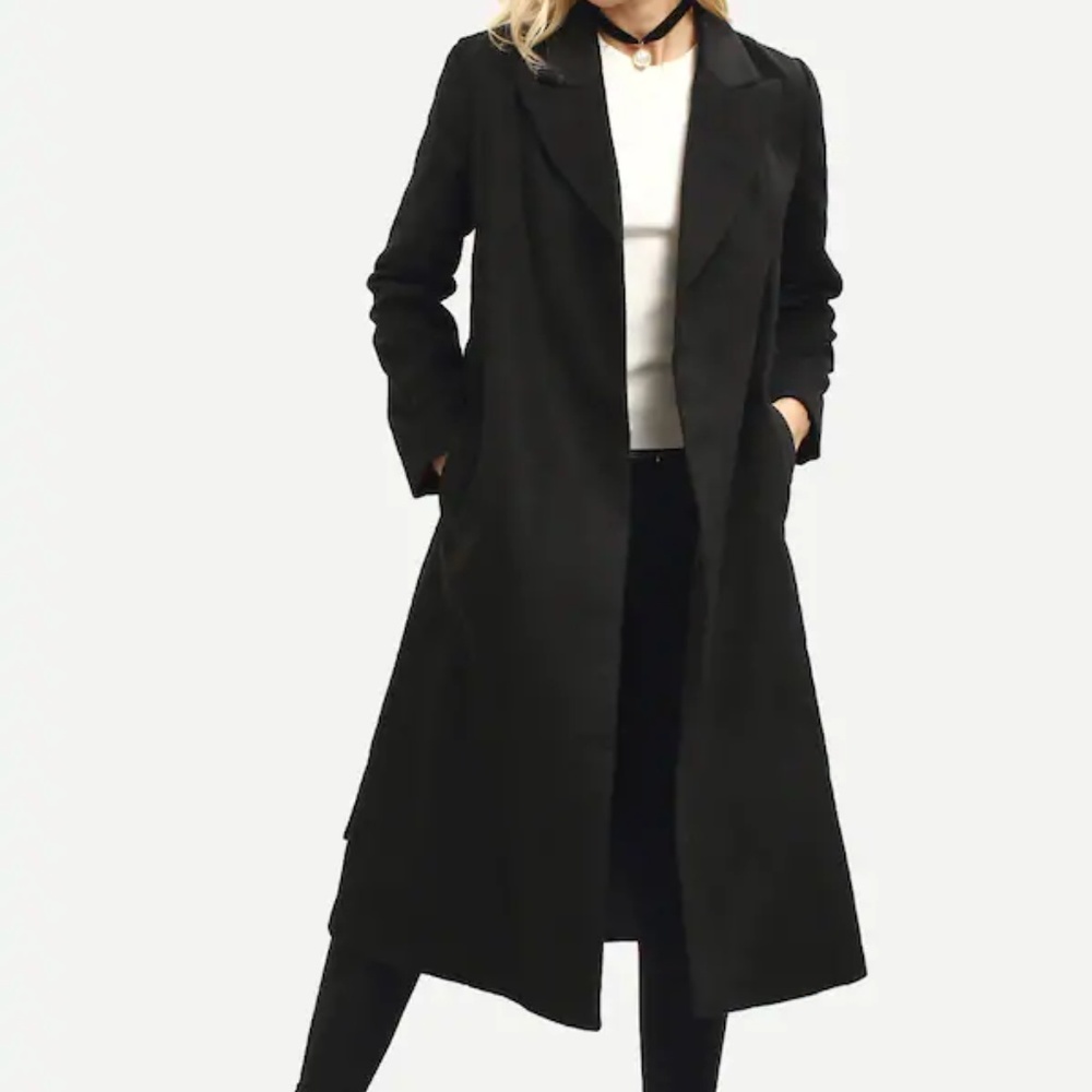 Black Shawl Drawstring Waist Long Coat